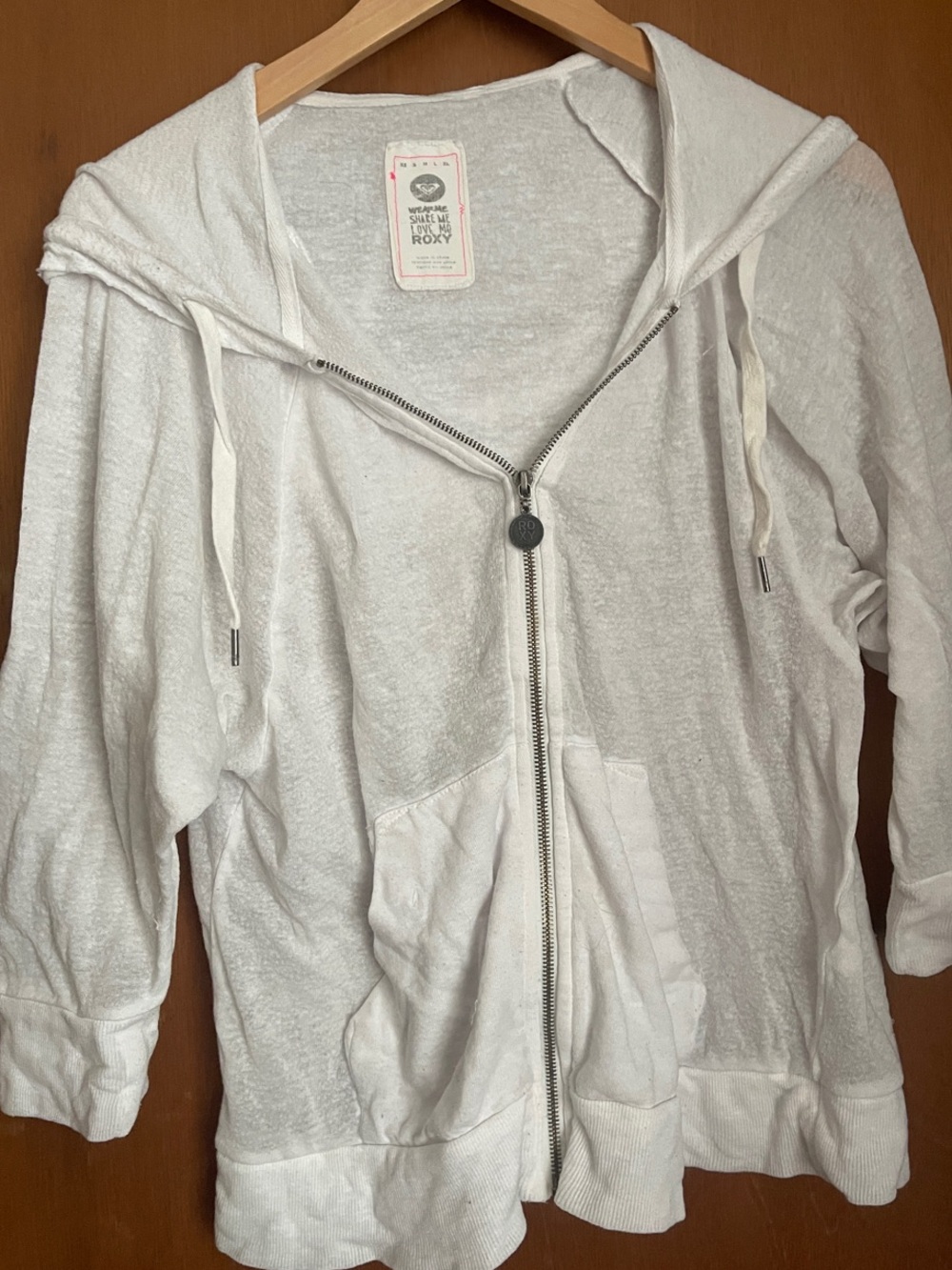 Roxy Sheer, White Hooded Zip 3/4 Sleeve Sweatshirt